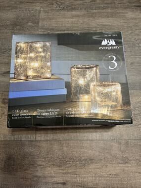 Evergreen Led Glass Cube Towers Gold Crackle Finish Hand-Blown Set Of 3 Decor